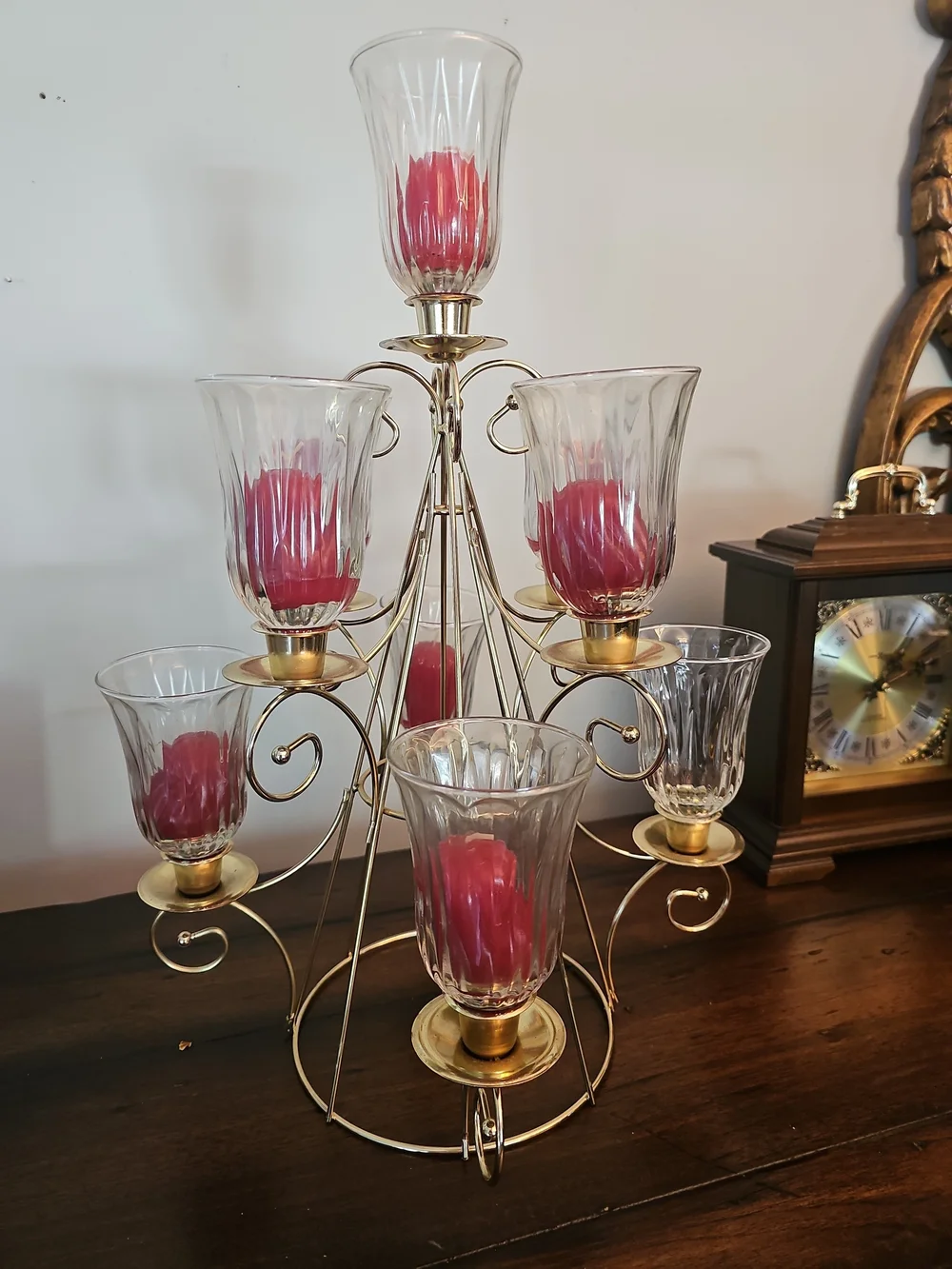 Home Interiors Gold Multi-Tier Candle Candelabra with Red Candles & Glass Shades